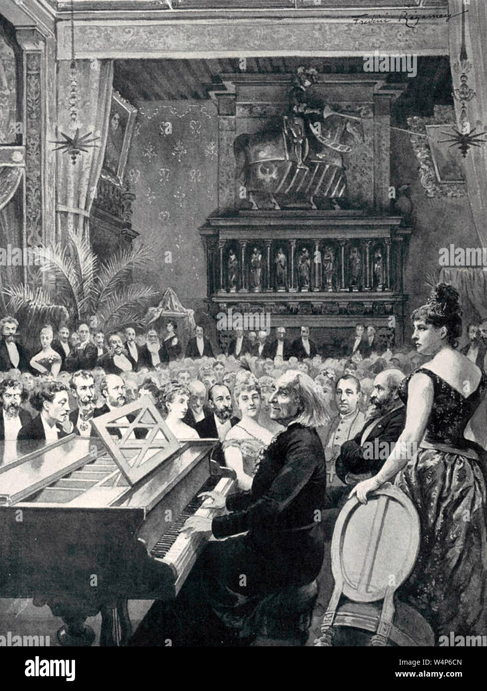 FRANZ LISZT (1811-1886) ungarischer Komponist, in einem Erwägungsgrund auf einer Soiree von Madame Munckacsy rechts ca. 1870 organisiert Stockfoto