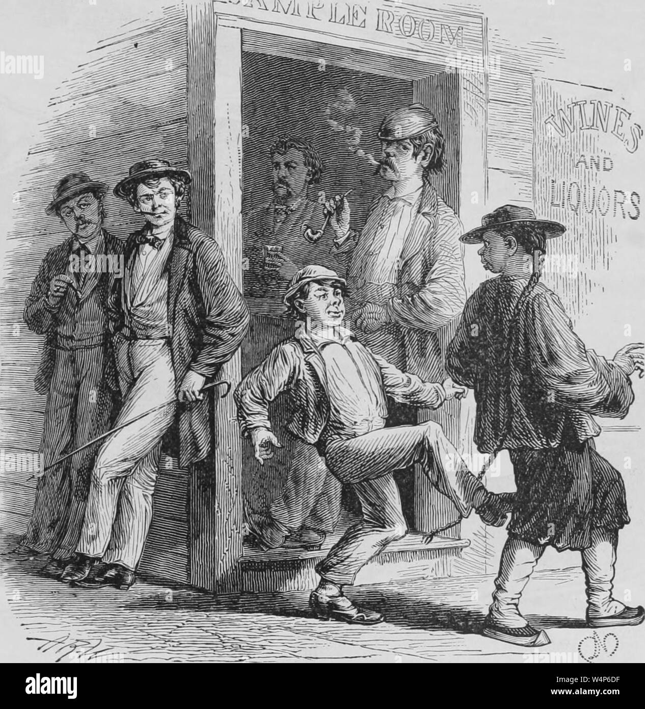 Gravur der irischen Immigranten necken Chinesische Einwanderer, San Francisco, aus dem Buch "Die Pacific Tourist" von Henry T. Williams, 1878. Mit freundlicher Genehmigung Internet Archive. () Stockfoto