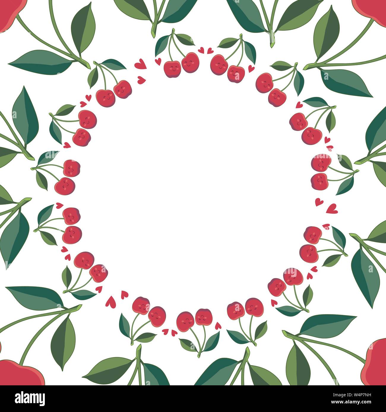 Positive floral Rahmen mit Kirsche und grünen Blättern. Glücklich lächelnde Cartoon kawaii Kirschen und roten Herzen. Vorlage für ihr Design, Grußkarten Stock Vektor