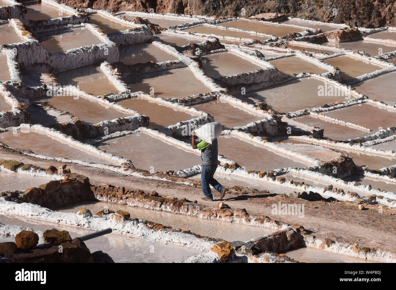 Arbeitnehmer durch die Salinen von Maras, das Heilige Tal, Peru umgeben Stockfoto