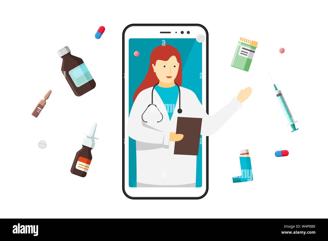Arzt online mobile Chat Internet Beratung medizinische App. Weiße Frau auf Smartphone-Bildschirm mit Medikamenten und Stethoskop. Gesundheitswesen Krankenhaus Beratung Web-Service. Vektorgrafik flach Stock Vektor