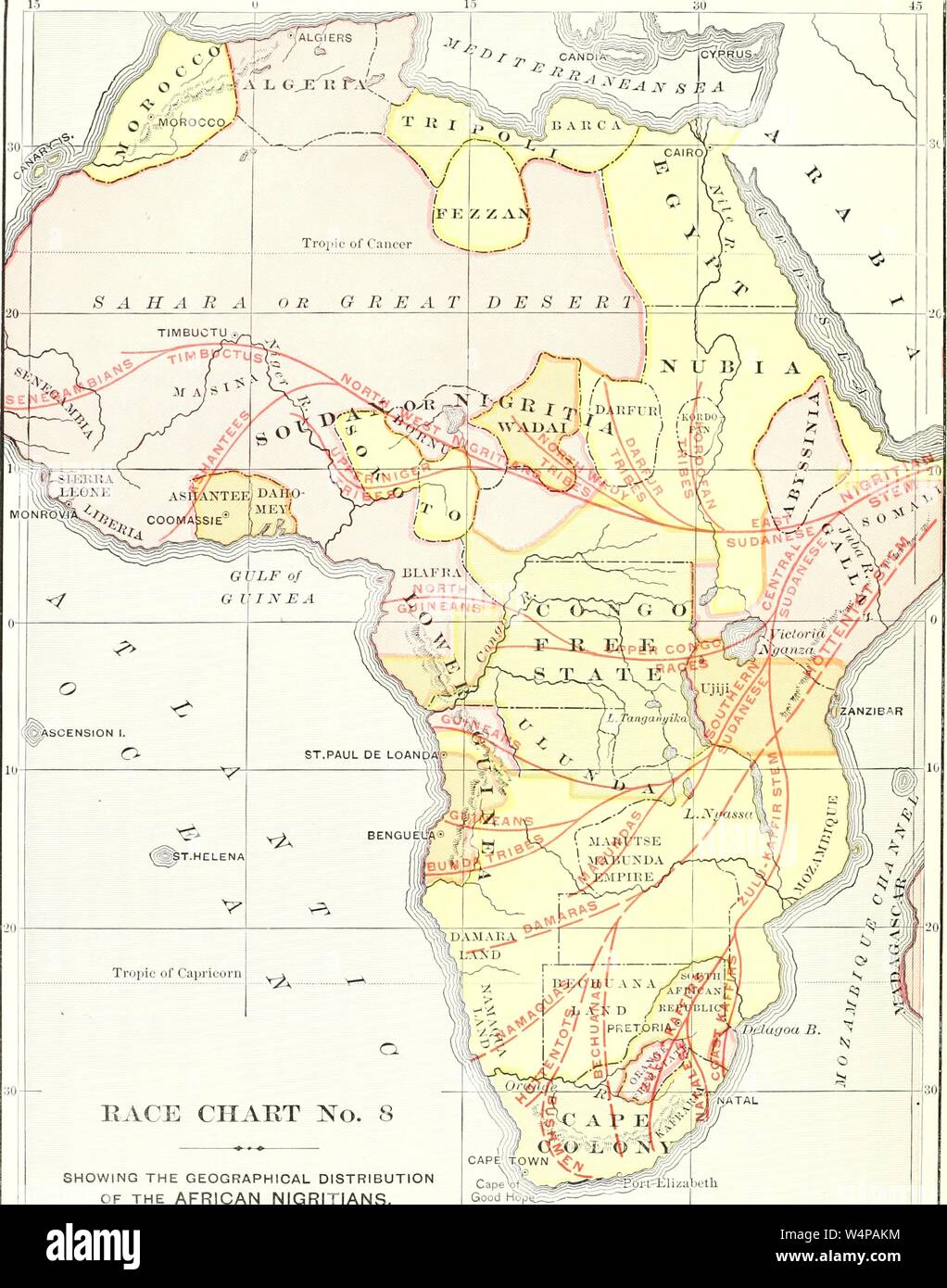 Graviert Karte der geographischen Verteilung der Afrikanischen Nigritians, aus dem Buch "ridpath Universal's Geschichte" von John Clark Ridpath, 1897. Mit freundlicher Genehmigung Internet Archive. () Stockfoto