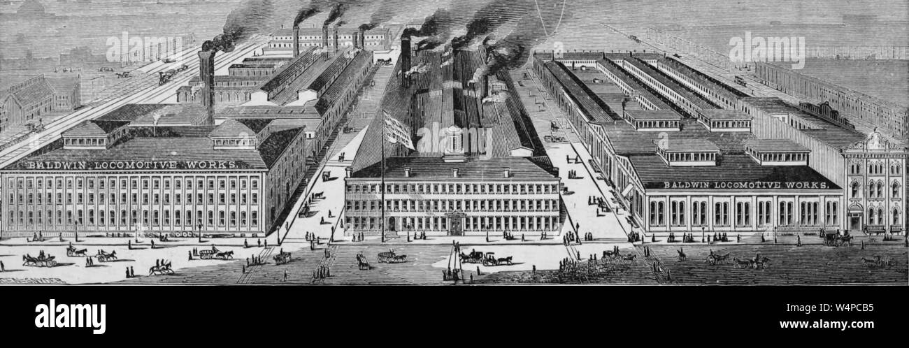 Gravur der Baldwin Locomotive Works Factory in Philadelphia, Pennsylvania, ein amerikanischer Hersteller von Eisenbahn Lokomotiven, aus Industriellen das Buch "Geschichte der Vereinigten Staaten" durch Albert Sidney Bolles, 1878. Mit freundlicher Genehmigung Internet Archive. () Stockfoto