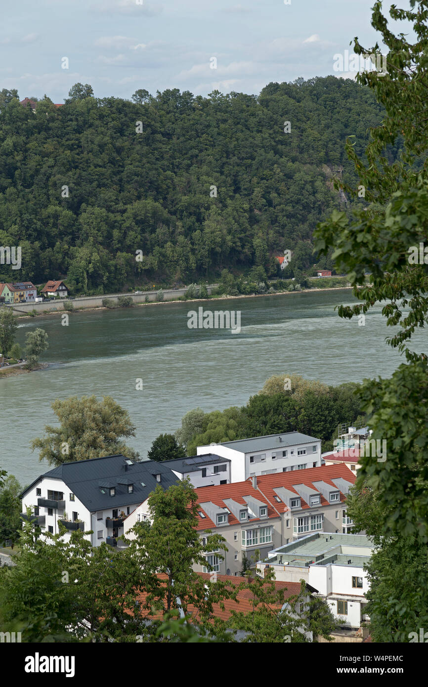 Dreiflüsseeck (drei Flüsse Ecke), an der Kreuzung von Ilz, Donau und Inn, Passau, Niederbayern, Deutschland Stockfoto