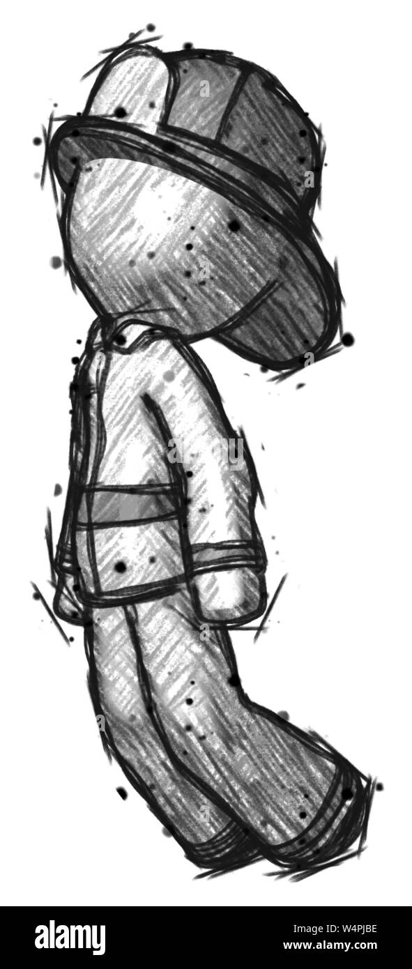 Skizze Feuerwehrmann Feuerwehrmann Mann schweben durch die Luft. Stockfoto