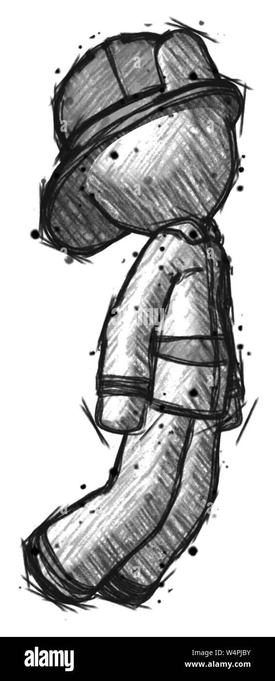 Skizze Feuerwehrmann Feuerwehrmann Mann schweben durch die Luft. Stockfoto