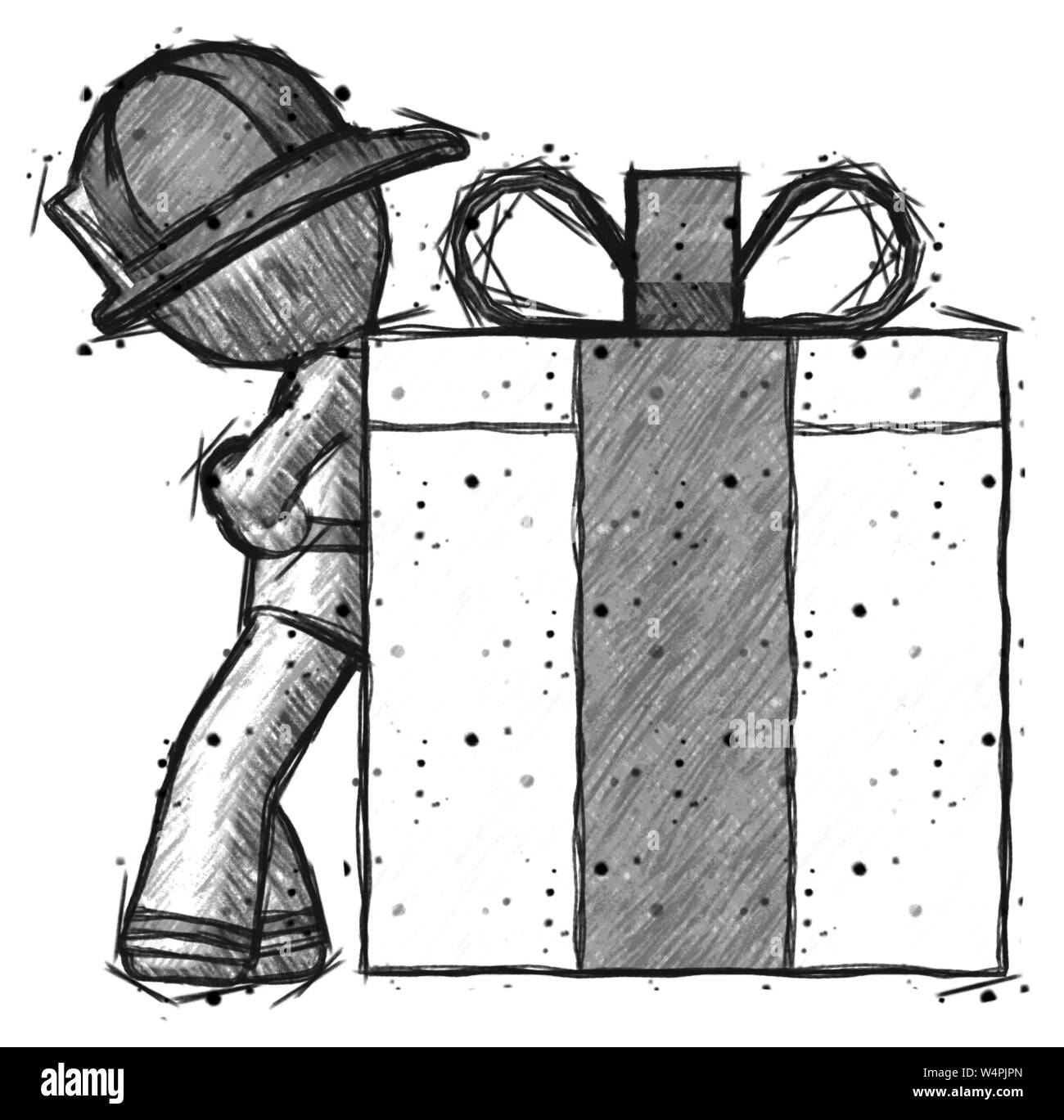 Skizze Feuerwehrmann Feuerwehrmann mann Geschenk Konzept - lehnte sich gegen große präsentieren. Stockfoto