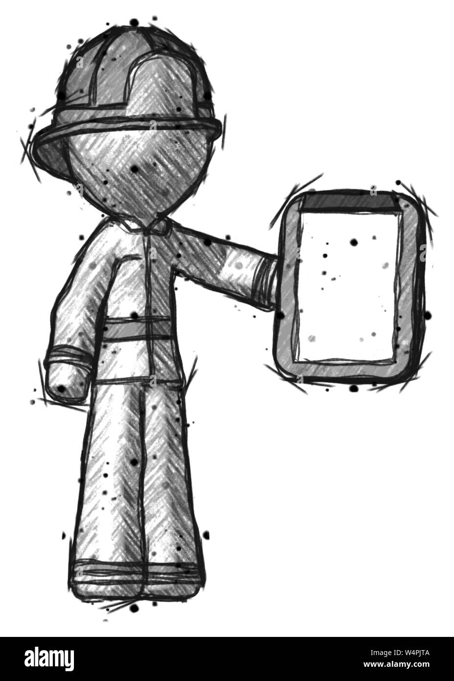 Skizze Feuerwehrmann Feuerwehrmann Mann mit Zwischenablage Viewer. Stockfoto