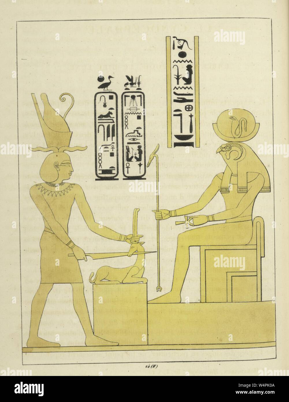 Antike Ägyptische Emblem des Gottes Horus, Opfern von einer Ziege vor der wichtigsten altägyptischen Gottheit Horus, sitzt auf seinem Thron, Illustration aus dem Buch "Pantheon" egyptien von Leon Jean Joseph Dubois, 1824. () Stockfoto