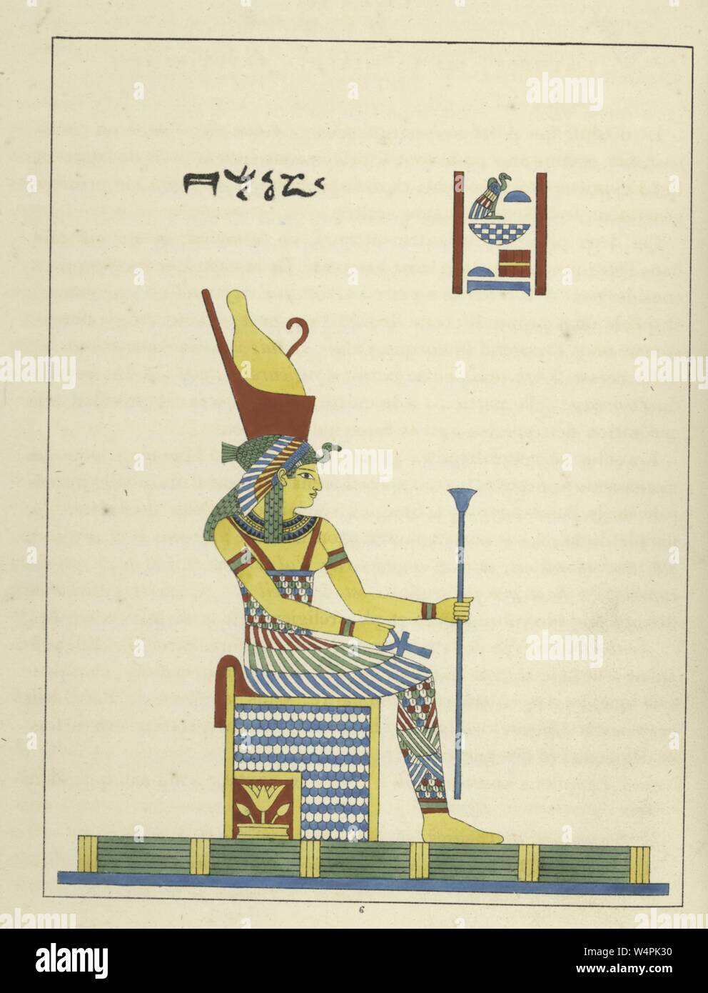 Antike ägyptische Göttin Mut, sitzt auf seinem Thron und halten das Ankh und das Zepter, Mutter der Götter und Königin der Göttinnen, Illustration aus dem Buch "Pantheon" egyptien von Leon Jean Joseph Dubois, 1824. () Stockfoto