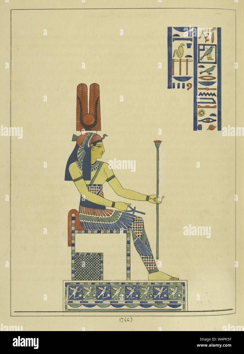 Antike ägyptische Göttin Hathor, sitzt auf ihrem Thron und Holding ankh und Zepter, die Mutter des Himmels Gott Horus und der Sonnengott Ra, Illustration aus dem Buch "Pantheon" egyptien von Leon Jean Joseph Dubois, 1824. Von der New York Public Library. () Stockfoto