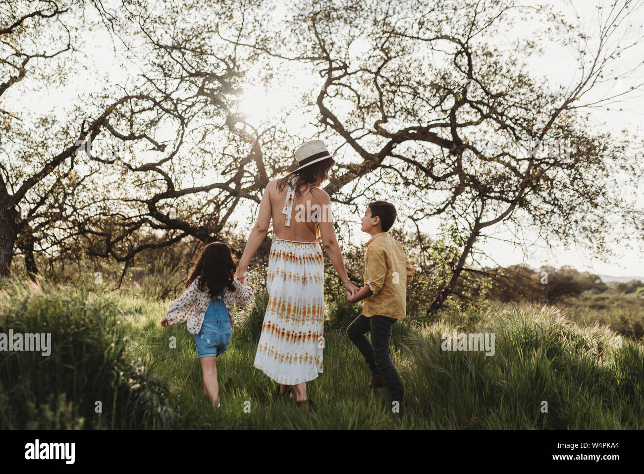 Rückansicht der Mutter halten sich an den Händen Sohn und Tochter und Walking Stockfoto