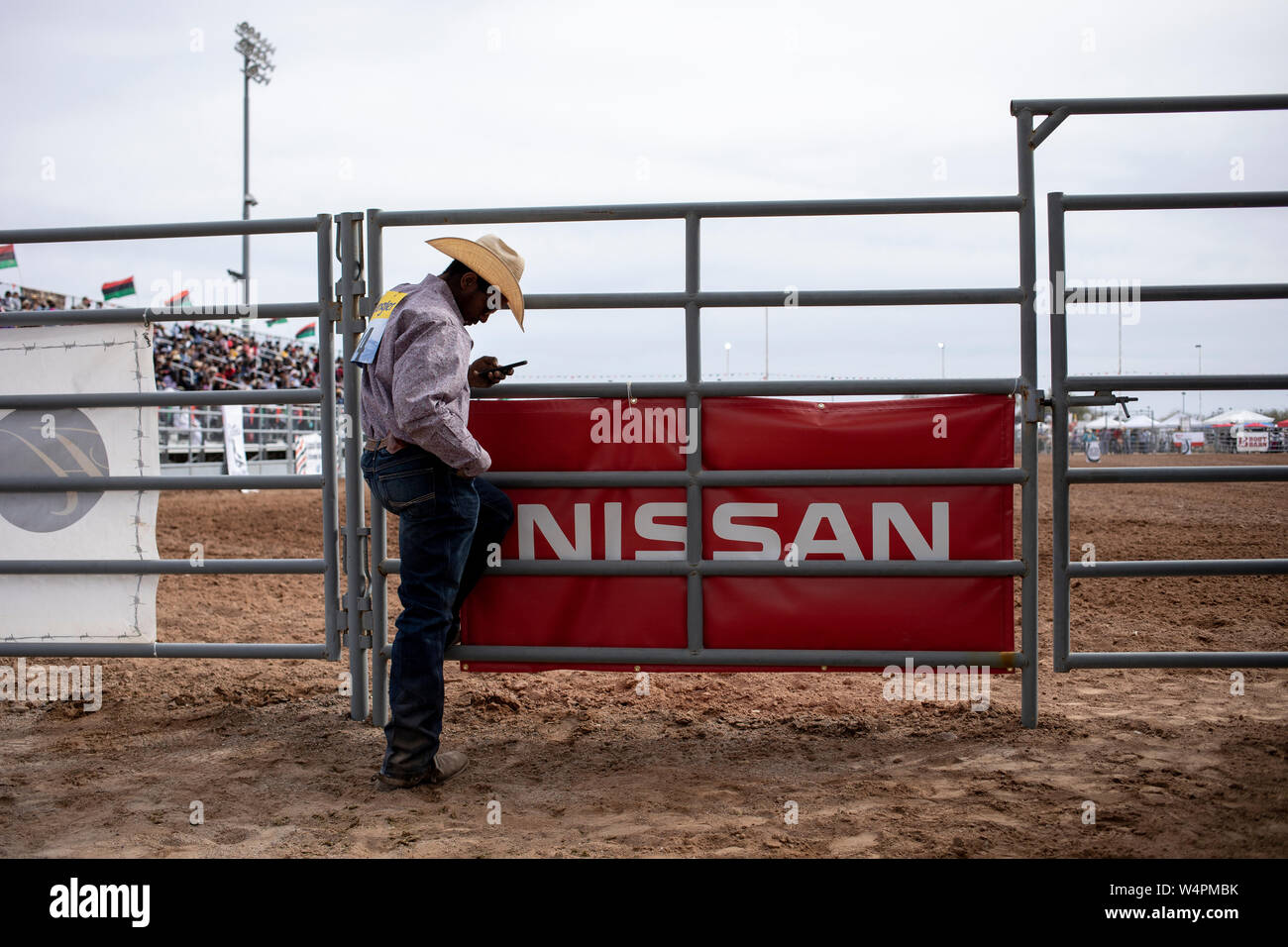 Ein Cowboy schaut auf sein Handy am Arizona schwarz Rodeo Stockfoto