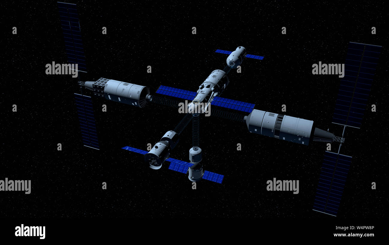 Die Abbildung zeigt die Module des TIANGONG 3-chinesischen Raumstation in die Richtung der Kopplung des TIANHE Core Modul auf den schwarzen Raum wit Stockfoto