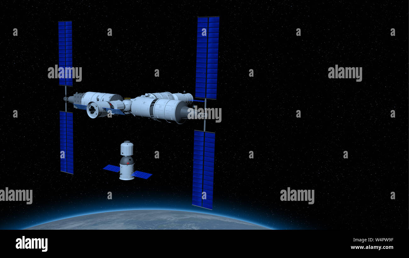 Shenzhou bemannten Schiff in die Richtung der Kopplung des TIANHE Core Modul in TIANGONG 3-chinesischen Raumstation mit dem Planeten Erde unten Stockfoto