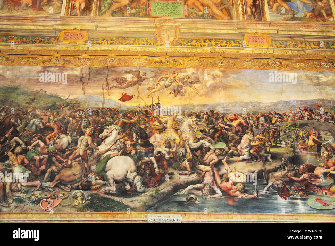 "Die Schlacht an der Milvischen Brücke" in der Halle des Konstantin im Vatikan Museum Italien Stockfoto