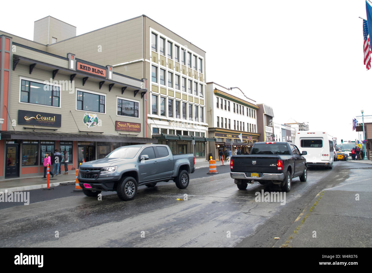 Ein Blick auf die Straße in Ketchikan, Alaska. Stockfoto