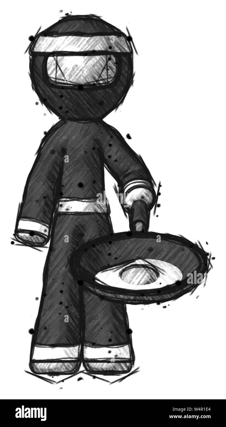 Skizze ninja Mann braten Ei in der Pfanne oder im Wok. Stockfoto