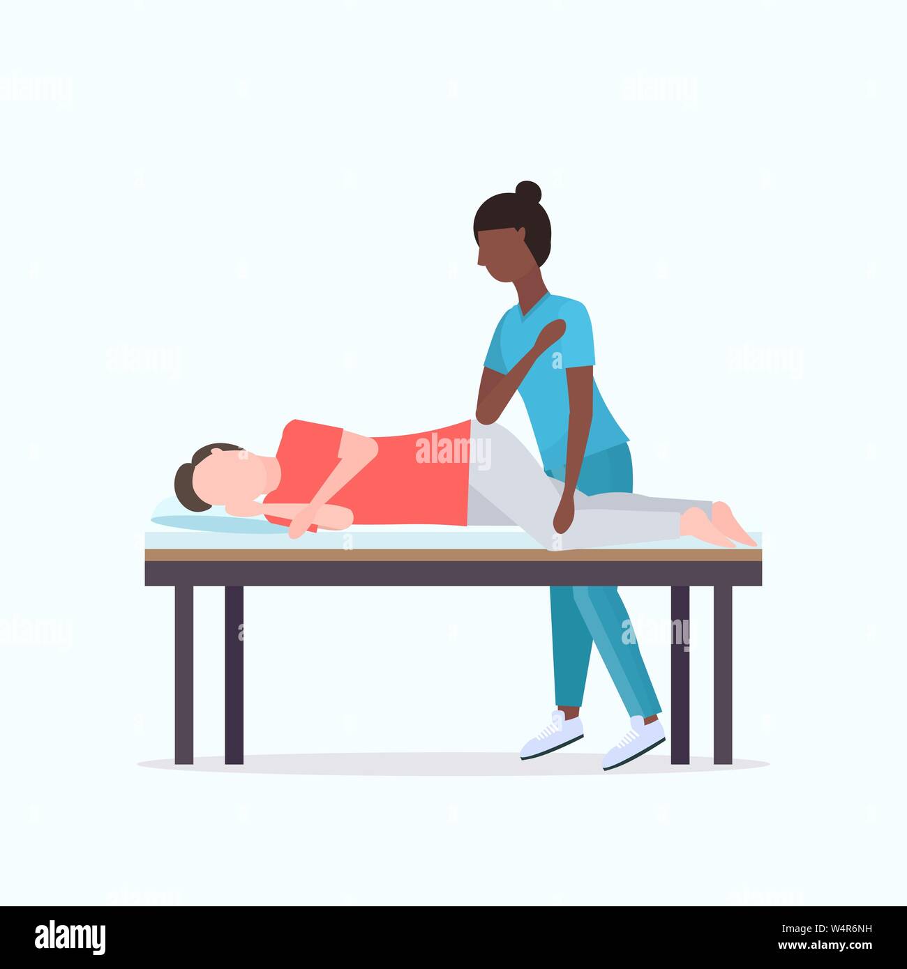 Guy liegen auf Massage bed afrikanische amerikanische Masseurin Therapeut tun Heilung massieren der verletzte Patient Handbuch sport Physikalische Therapie Stock Vektor