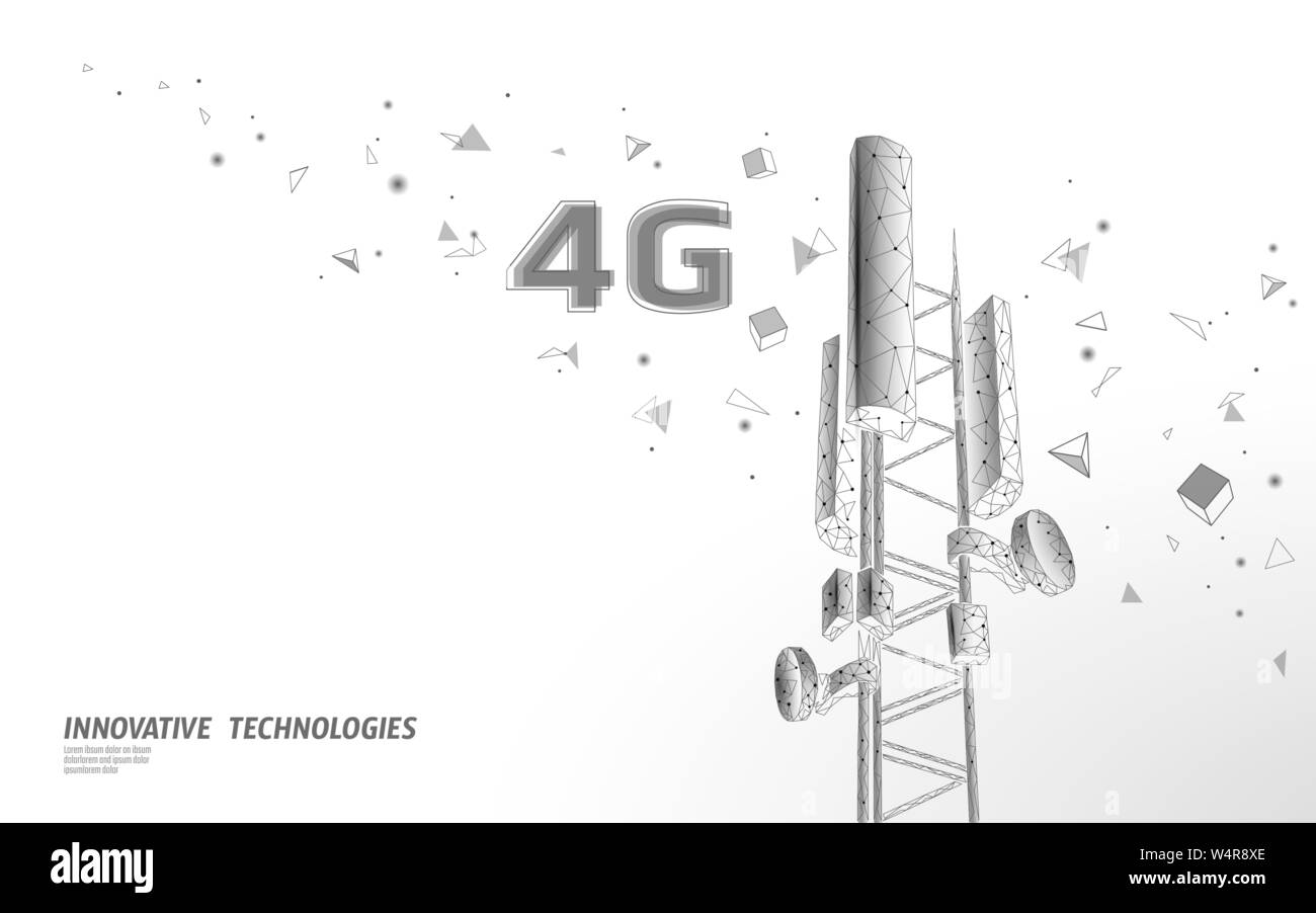 3d-Empfänger der Basisstation. Telecommunication Tower 4g polygonalen Design global connection Informationen Sender. Die Funkantenne zellulären Vektor Stock Vektor