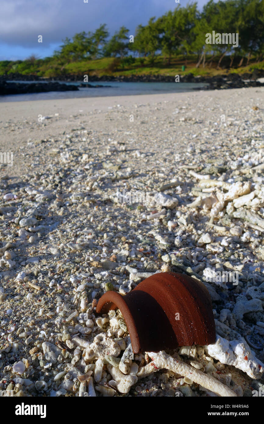 Gebrochene Töpferei (wahrscheinlich Teil der hinduistischen votive Zeremonie) gewaschen, am Strand, La Cambuse öffentlichen Strand, Mon Tresor, Mauritius Stockfoto