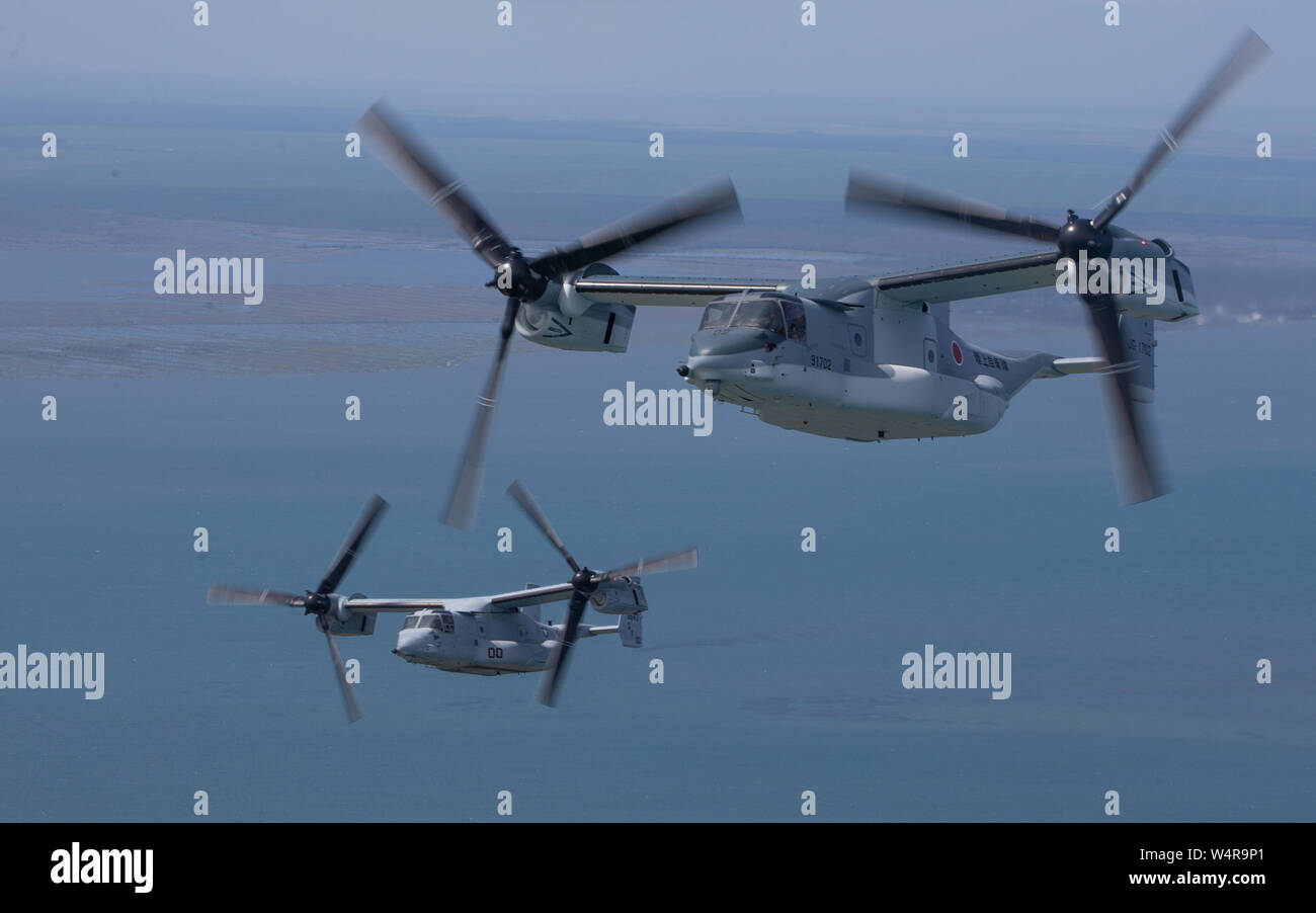 Ein U.S. Marine Corps MV-22 B und a Japan Masse Verteidigung-kraft (JGSDF) V-22 Osprey verhalten Antenne Manöver zur Marine Corps Air Station New River, North Carolina, 9. Juli 2019. Marines Marine Medium Tiltrotor Training Squadron 204 und JGSDF Soldaten zugeordnet leitete einen begrenzten Bereich Landung Übung im Rahmen der integrierten Ausbildung, die Stärkung der Beziehungen und der Interoperabilität zwischen der Nordatlantikvertrags-organisation Verbündete. (U.S. Marine Corps Foto von Lance Cpl. Elias E.Pimentel III) Stockfoto