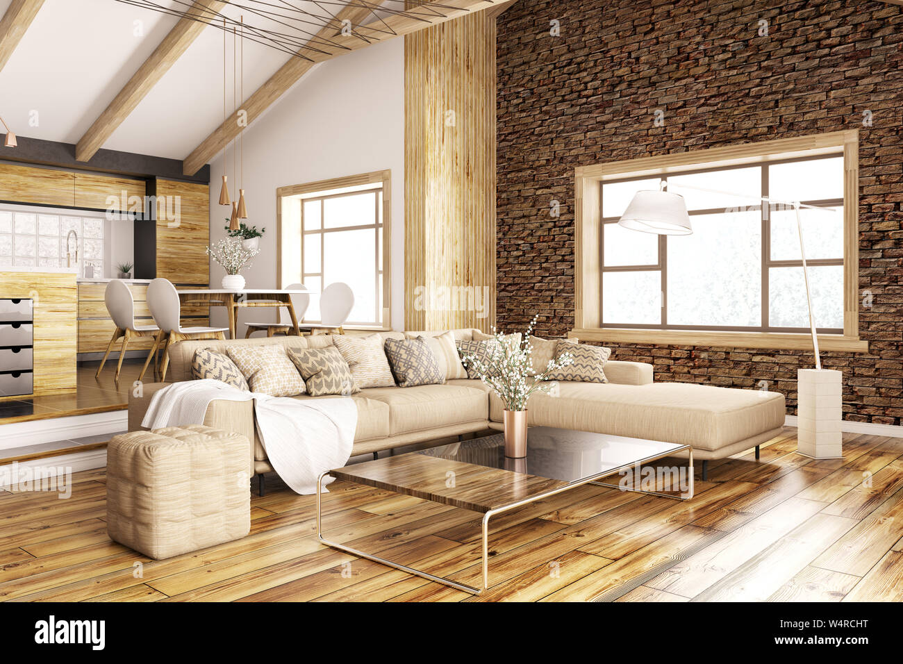 Modernes Interieur des Hauses, Küche, Wohnzimmer mit einem 3D-Rendering Stockfoto