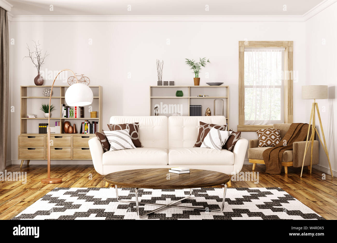 Modernes Interieur des Hauses, Wohnzimmer mit beigen Sofa, Couchtisch, 3D-Rendering Stockfoto