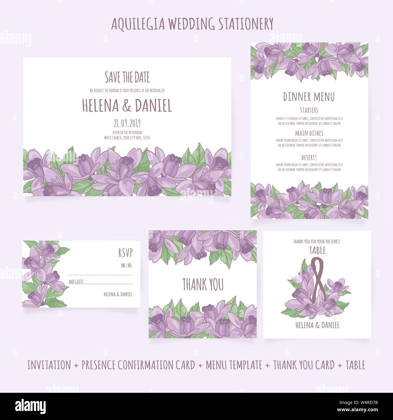 AQUILEGIA HOCHZEIT SCHREIBWAREN Floral Design Präsenz Template Vector Illustration für Drucken einladend und Feier Stock Vektor