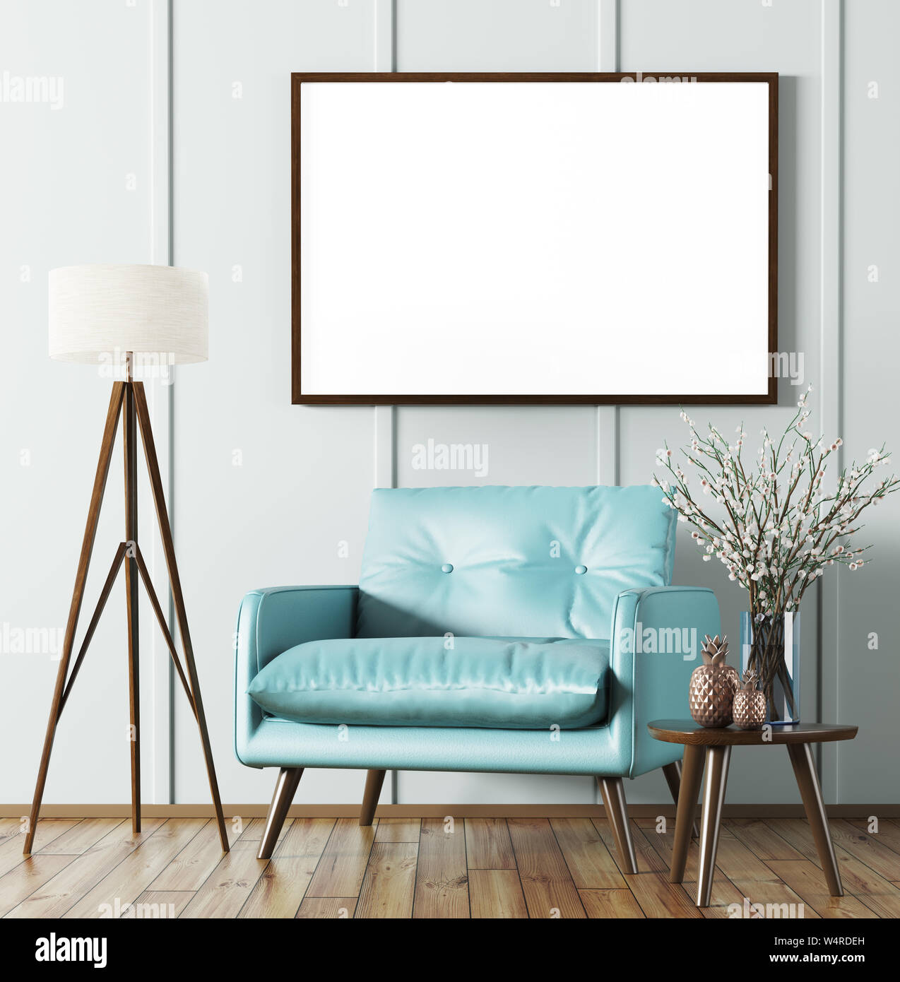 Innenraum der Wohnzimmer mit Holz Couchtisch, Stehlampe, blaue Sessel und Mock up Poster 3D-Rendering Stockfoto