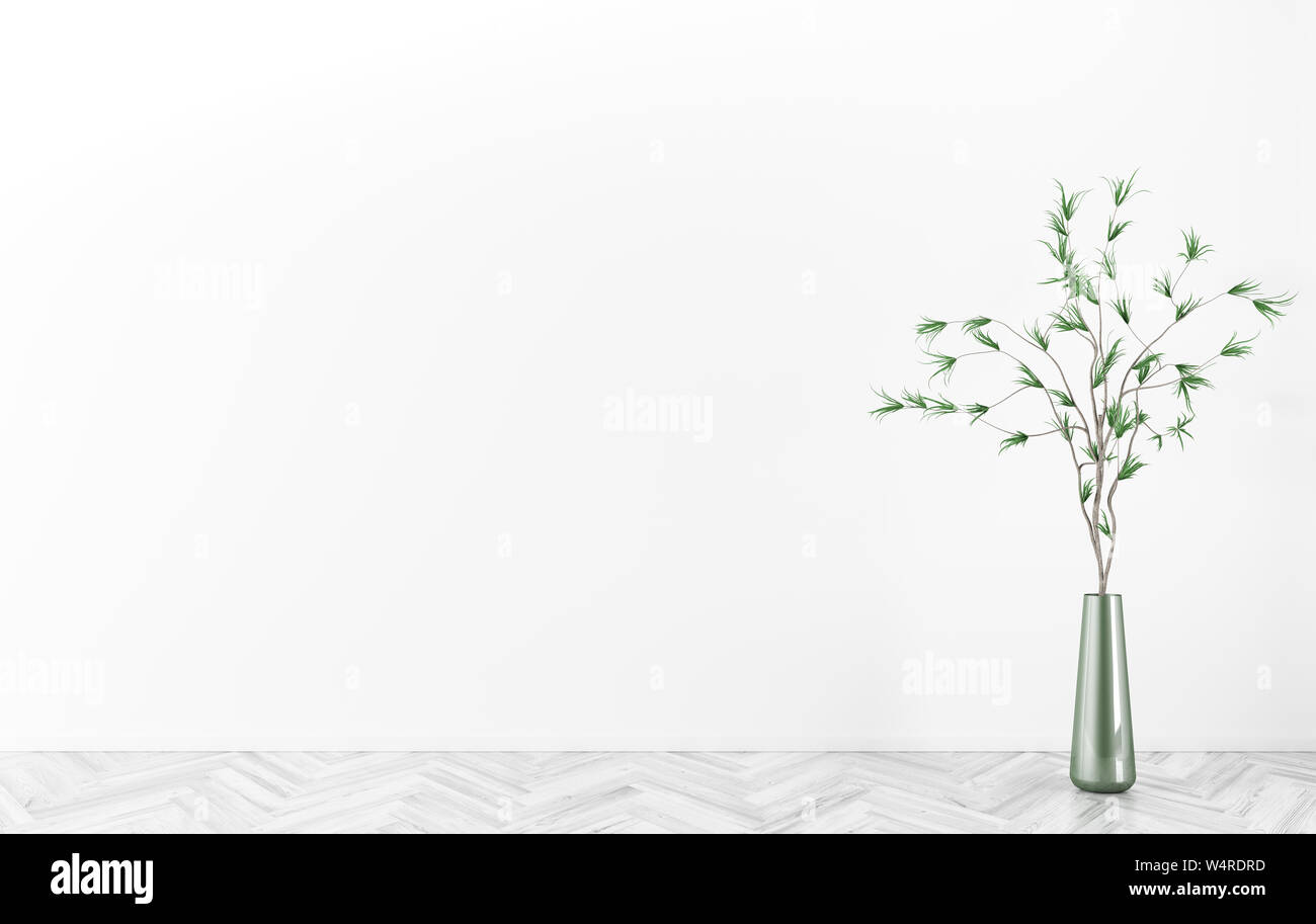 Interieur der Zimmer mit weißen Wänden, Holzfußboden und Niederlassung in Vase 3D-Rendering Stockfoto