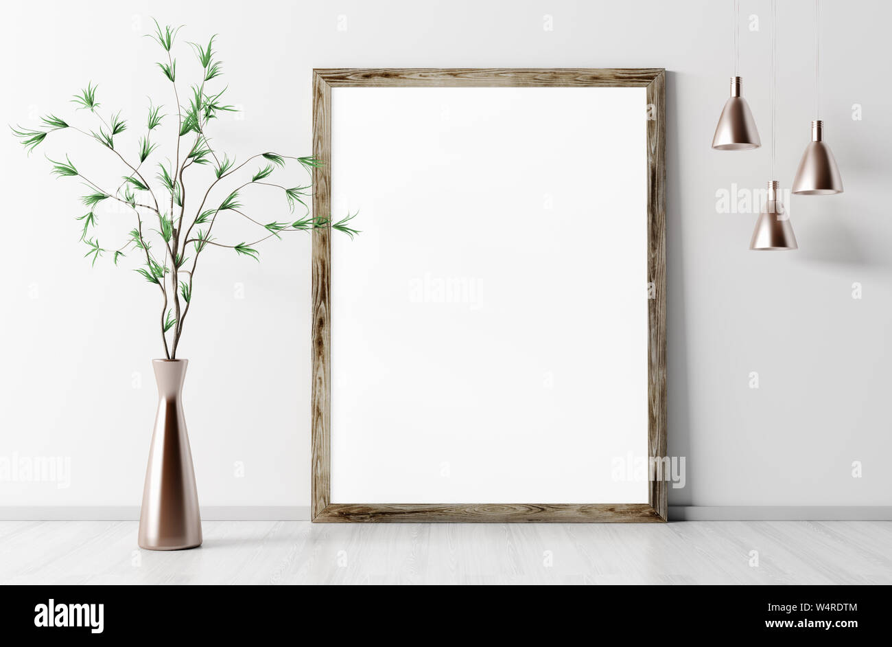 Zimmer Interieur mit Mock up Frame auf dem Parkettboden, Lichter und Vase mit Zweig, Hintergrund, 3D-Rendering Stockfoto