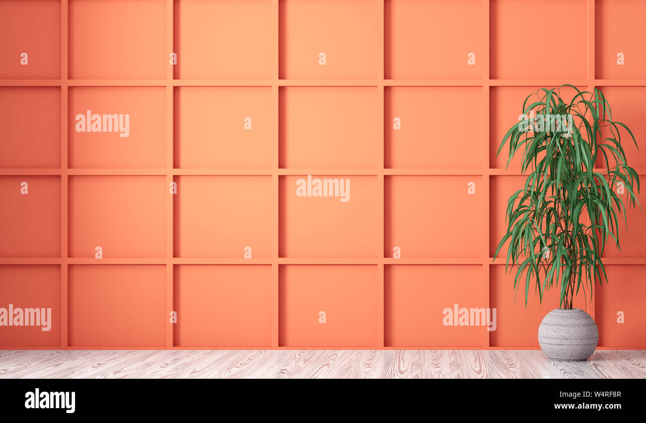 Leere Innenraum Hintergrund, Zimmer mit orange Verkleidung Mauer, Vase mit Anlage auf dem weißen Holzboden, 3D-Rendering Stockfoto