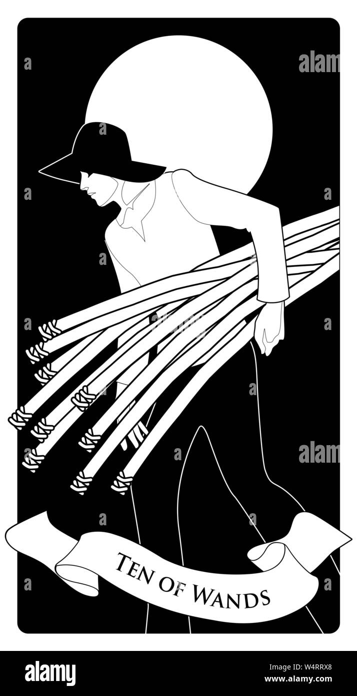 Zehn der Kelche. Tarot Karten. Junger Mann mit Hut, 10 Sticks, mit der Sonne im Hintergrund. Stock Vektor