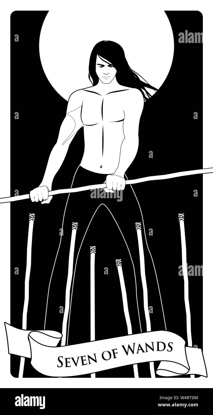 Sieben der Kelche. Tarot Karten. Langhaarigen jungen Mann, der einen Zauberstab kämpfen sechs unteren Sticks. Stock Vektor