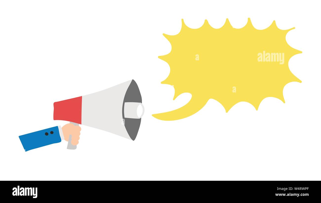 Vektor handgezeichnete Abbildung: Geschäftsmann ist mit Megaphon und sprechen. Farbige Flat Style. Stock Vektor