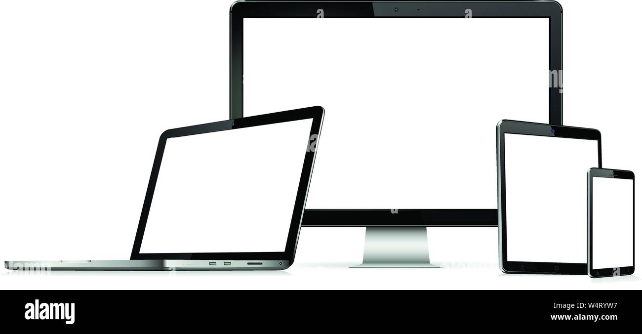 Moderne Technik Geräte - Computer, Monitor, Laptop, Tablet-PC und Handy mit leerer Bildschirm Stock Vektor