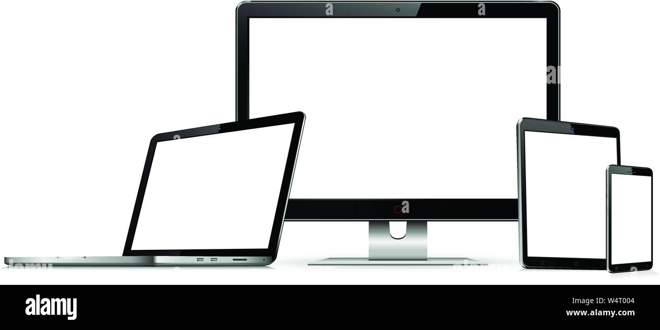 Satz von schwarzen Bildschirmen mit Computer Monitor, Laptop, Tablet-PCS und Smartphones Stock Vektor