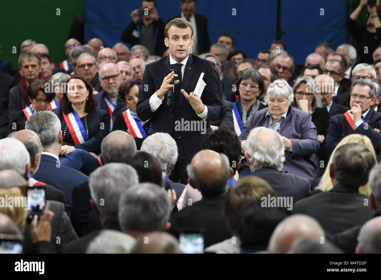 Emmanuel Längestrich anlässlich der Lancierung der Große nationale Debatte in Grand Bourgtheroulde (Nordfrankreich) auf 2019/01/15 Stockfoto