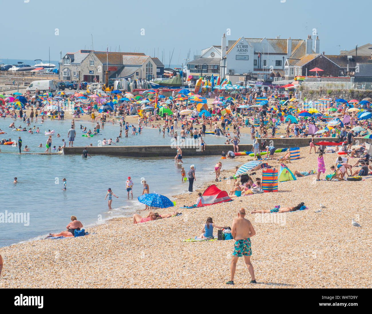 Lyme Regis, Dorset, Großbritannien. 25. Juli 2019. UK Wetter: Massen von sunskeekers Erfrieren in rekordverdächtige Wärme am Strand an der Küste von Lyme Regis auf was erwartet wird, der heisseste Tag werden im Vereinigten Königreich überhaupt. Britische Urlauber erfrieren in Sizzling Hot Sunshine auf gepackten Strand der Stadt die Temperaturen steigen auf 40 Grad. Die Kühlung ist willkommene Abwechslung von der sengenden Hitze als Juli Hitzewelle weiter. Credit: Celia McMahon/Alamy Leben Nachrichten. Stockfoto