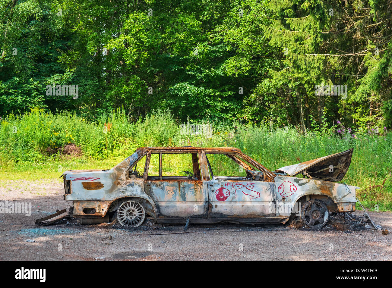 Aus dem Auto in den Wald verbrannt Stockfoto