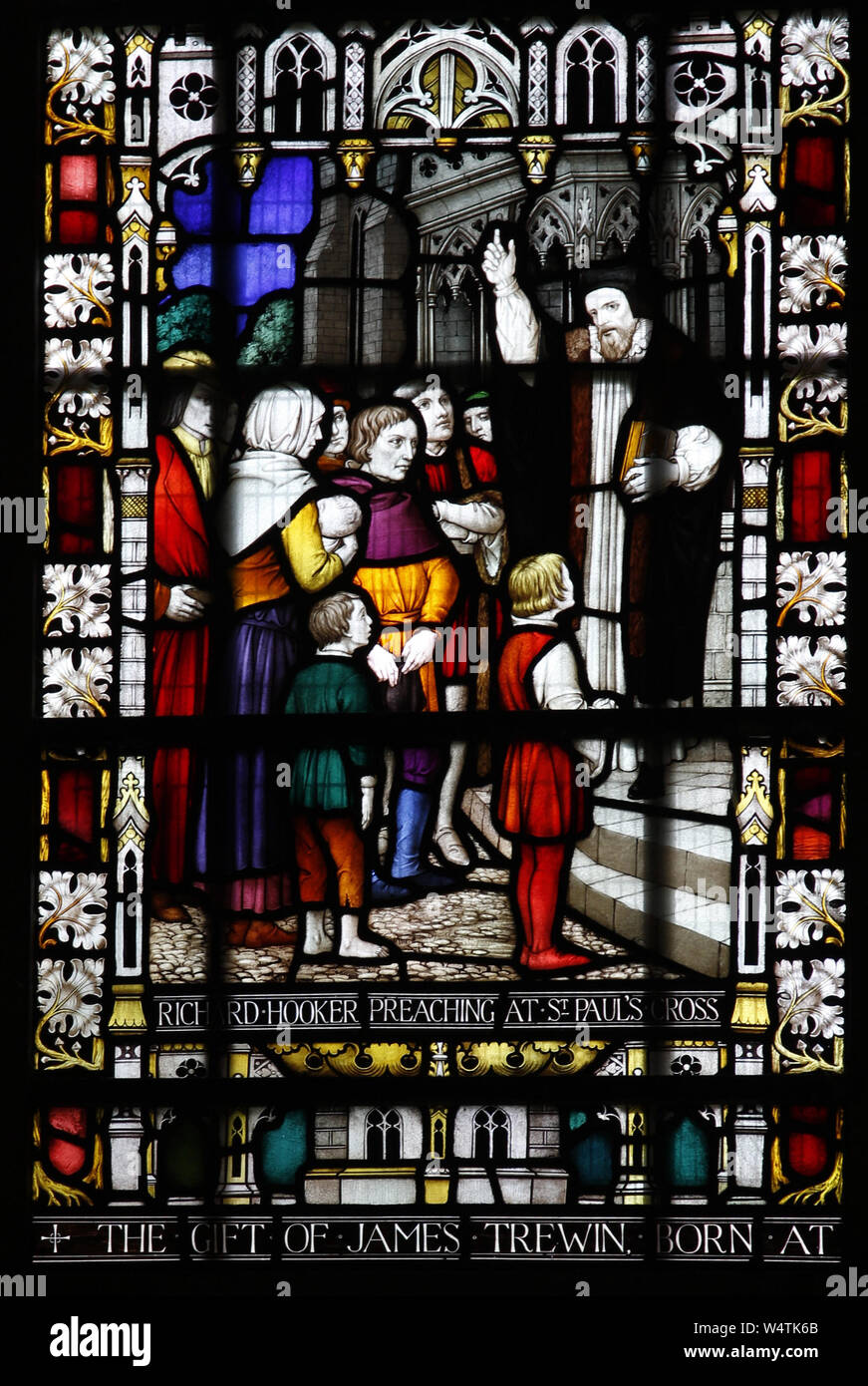 Kirchenfenster von Clayton & Bell, Richard Hooker Predigen, Truro Cathedral Stockfoto