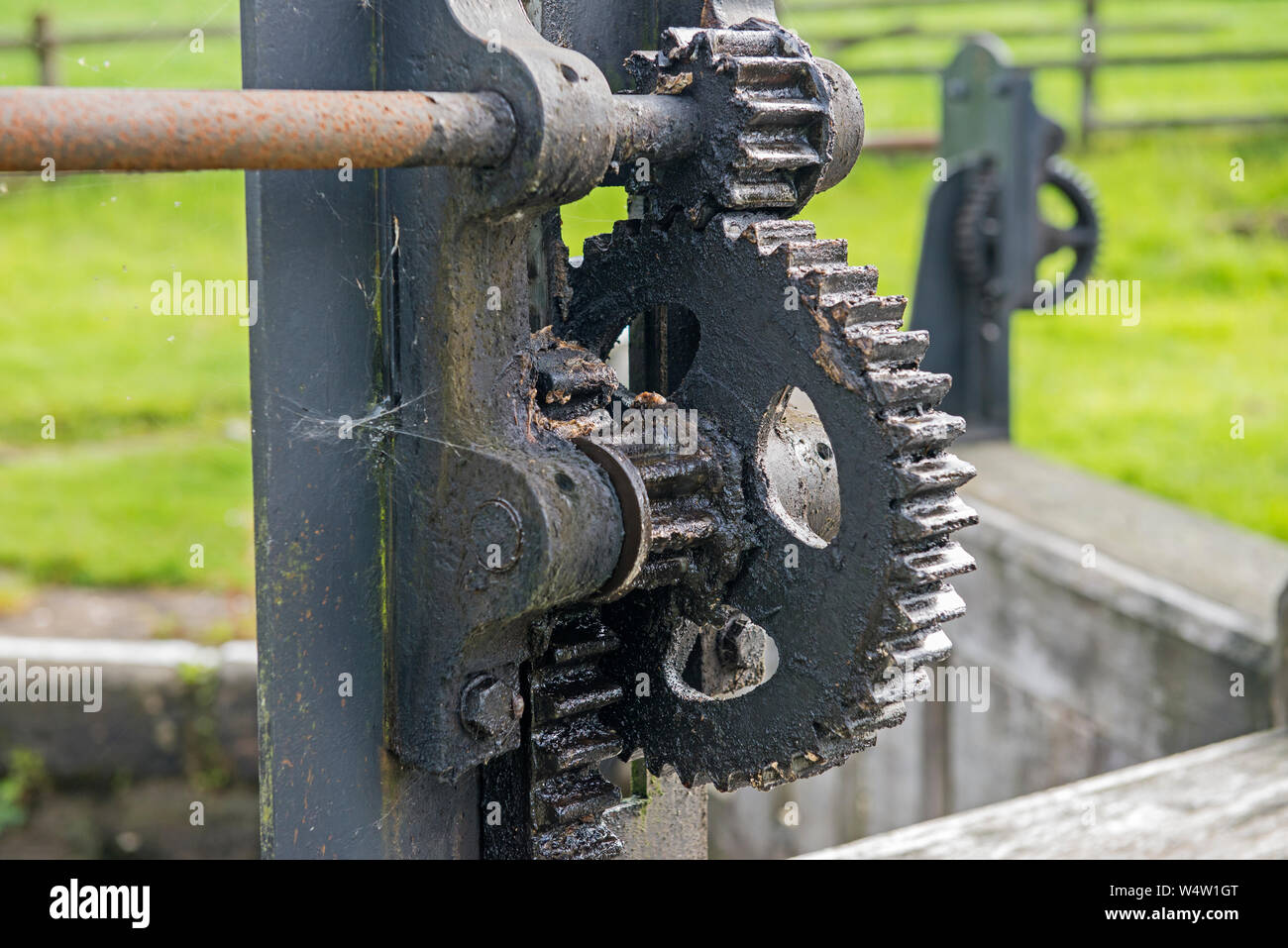 Closeup Detail des Alten gewundenen Gang Zahnrad auf der Canal Gatter verriegeln, in der ländlichen Umgebung. Stockfoto