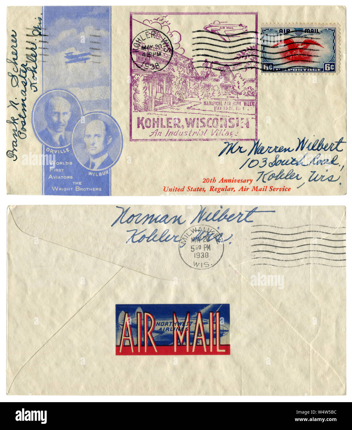 Kohler, Wisconsin, USA, 20. Mai 1938: Uns historische Umschlag: Abdeckung mit der Brüder Wright Gütesiegel. Die weltweit ersten Flieger. National Air Mail Woche Stockfoto