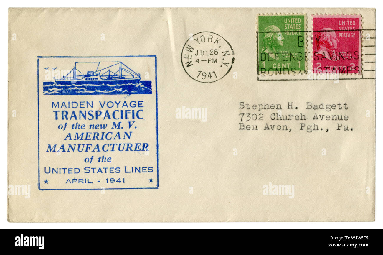 New York, NY, USA - 26. Juli 1941: Uns historische Umschlag: Abdeckung mit einem Gütesiegel Jungfernfahrt transpazifische der neuen M.V. amerikanische Hersteller Stockfoto