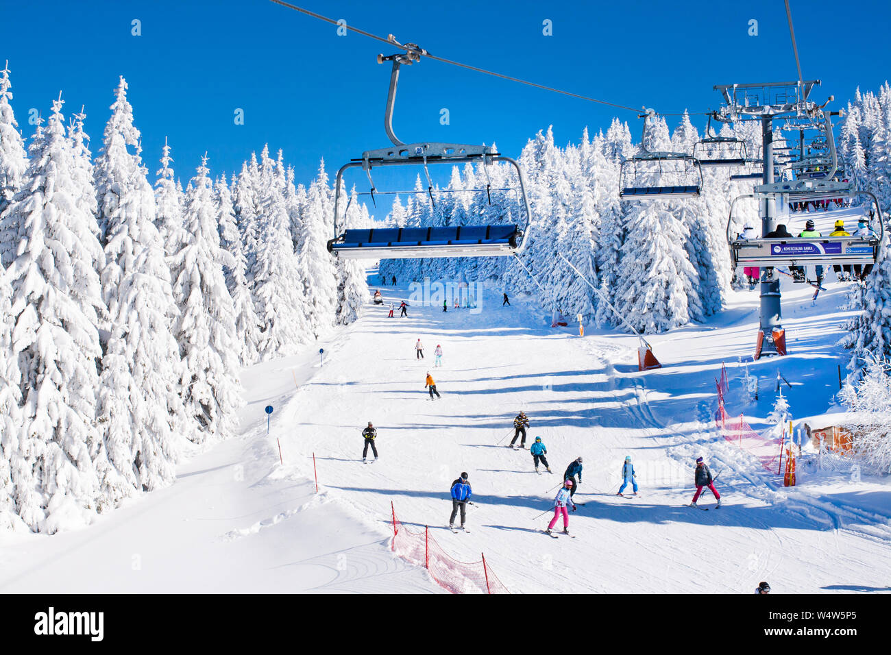 Kopaonik, Serbien - Januar 19, 2016: Skigebiet Kopaonik, Serbien, Skipiste, die Menschen auf den Skilift, die Skifahrer auf der Piste unter weißen Schnee Pinien f Stockfoto