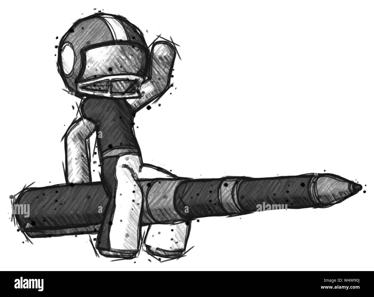 Skizze Fußballspieler Mann, eine Feder, die wie eine riesige Rakete. Stockfoto