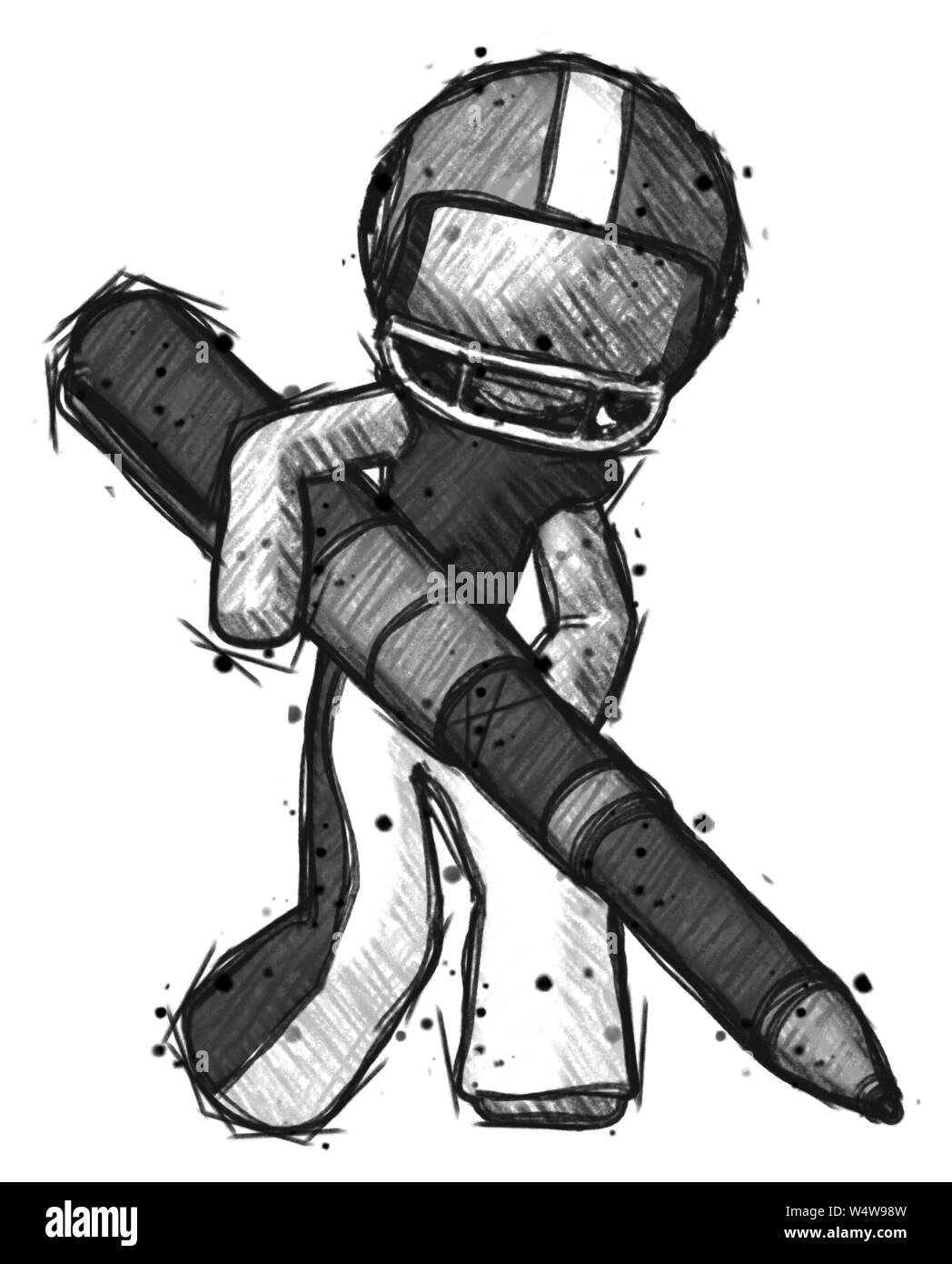 Skizze Fußballspieler Mann schreiben mit einem riesigen Pen. Stockfoto