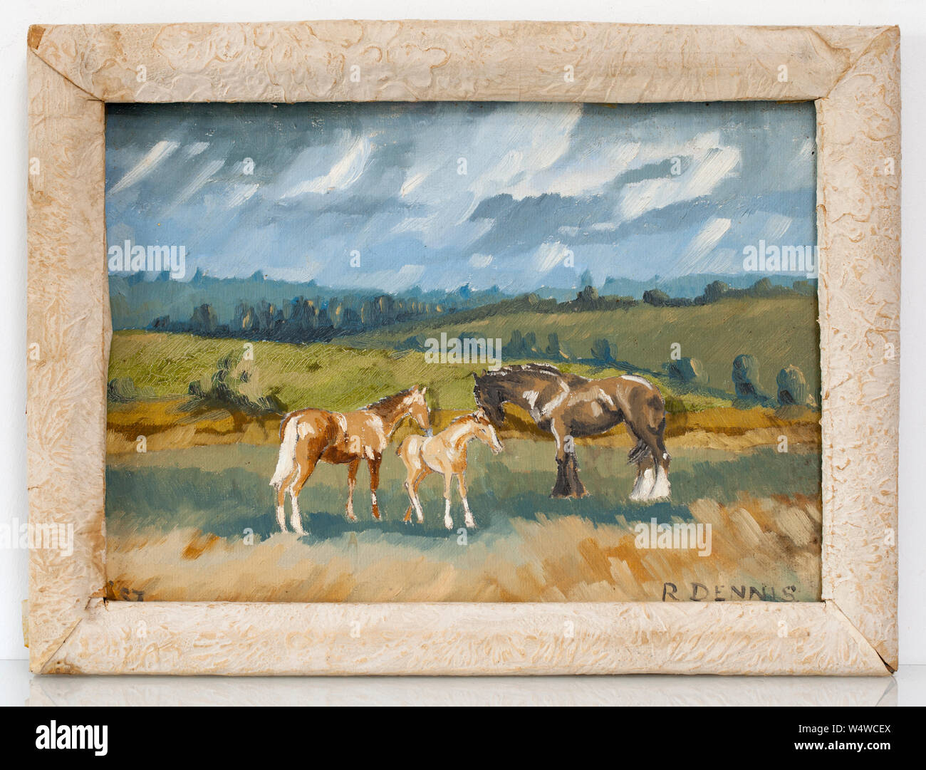 "Warten auf den Sturm' - ein Vintage oil painting von drei Pferden durch die R Dennis Stockfoto