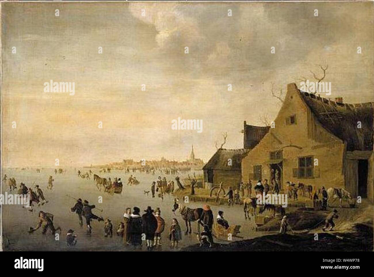 Cornelis Beelt - Winterlandschaft mit schlittschuhläufern. Stockfoto